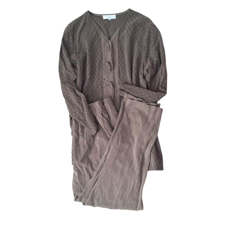 David Dart Frog Button Top Pant Set Folk Tang Suit Lounge Taupe Womens M/L